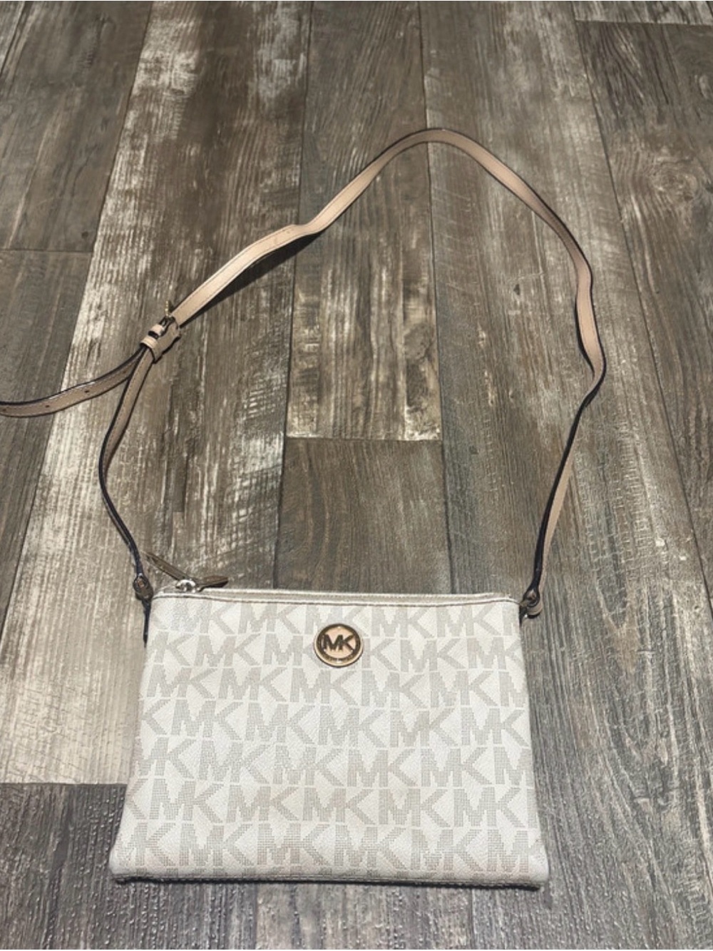 Michael Kors Cream and Tan MK Logo Crossbody Bag